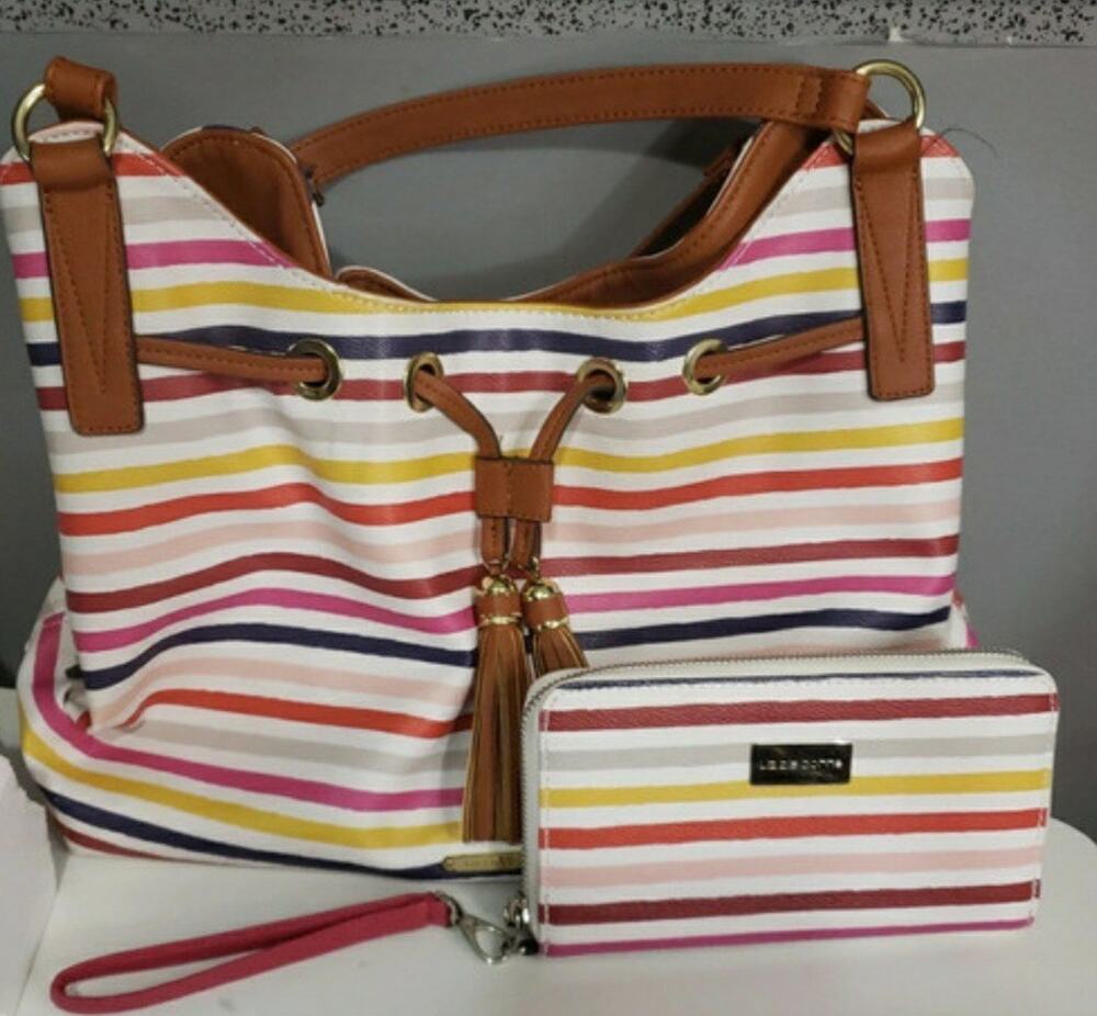 Liz CLAIBORNE STRIPED SHOULDER BAG, COLORFUL, with matching wallet M5